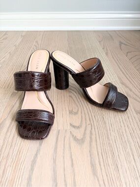 Cole Haan Dark Brown Croc-Embossed Block Heel Sandals